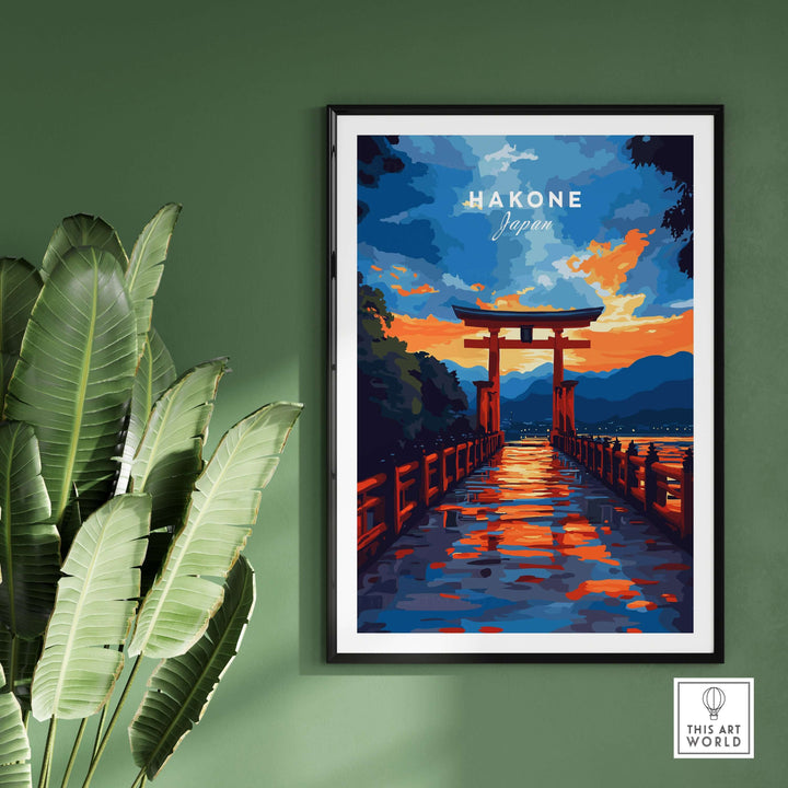 Vibrant Hakone wall art featuring Torii gate at sunset, reflecting on Lake Ashi, enhancing any room's decor.