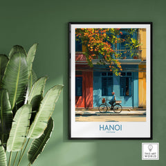 Hanoi Poster - Vietnam Wall Art featuring a vibrant street scene with a bicycle and colorful buildings.