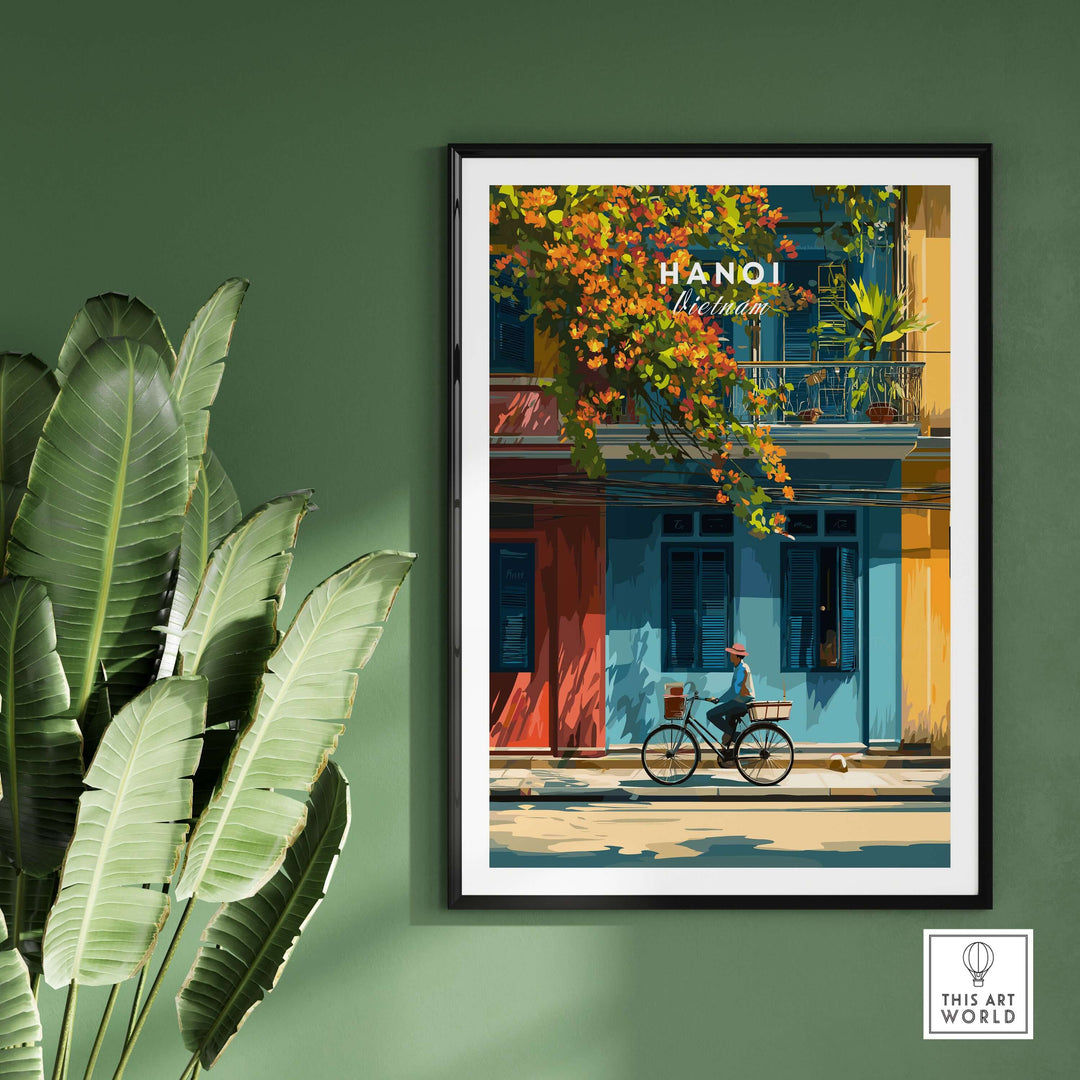 Vibrant Hanoi wall art print featuring a cyclist and colorful buildings in a lively urban scene.