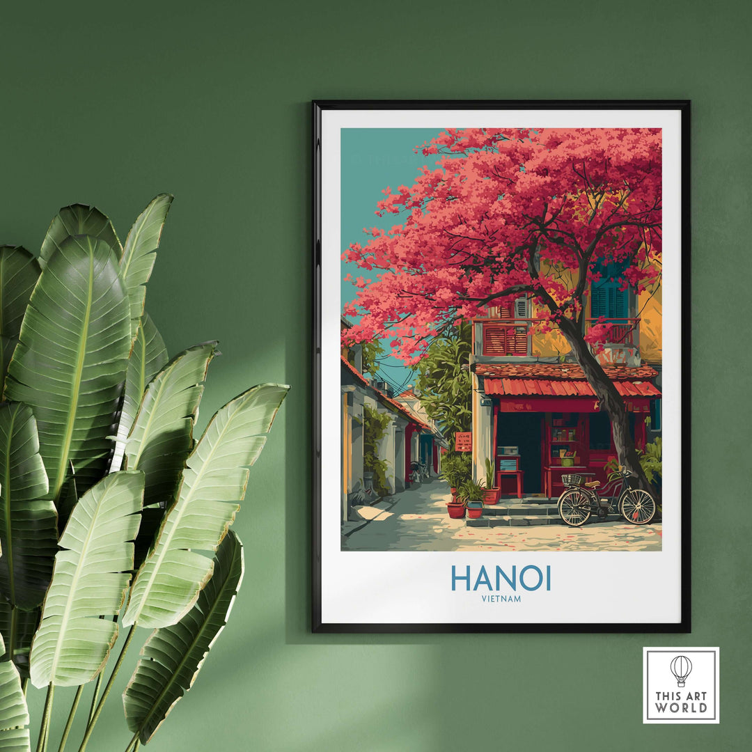 Hanoi Vietnam poster featuring vibrant pink flowers and historic architecture, perfect for home decor.