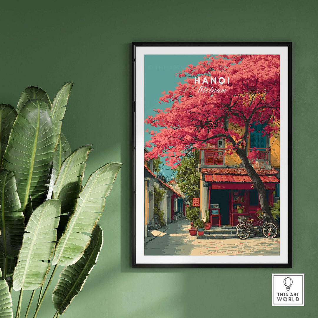 Colorful Hanoi print featuring cherry blossoms and a charming street scene, perfect for vibrant wall decor.