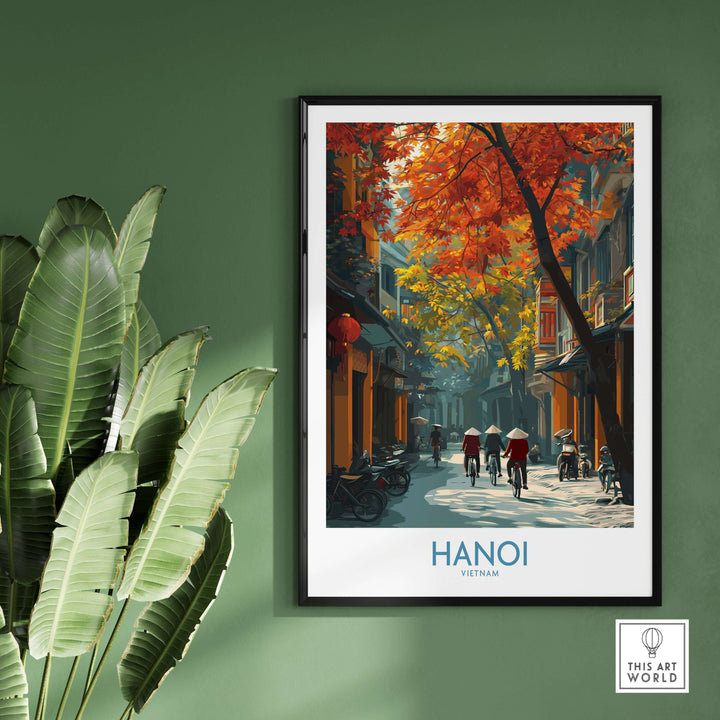 Hanoi Wall Art depicting vibrant Old Quarter streets with autumn leaves, showcasing traditional Vietnamese life.