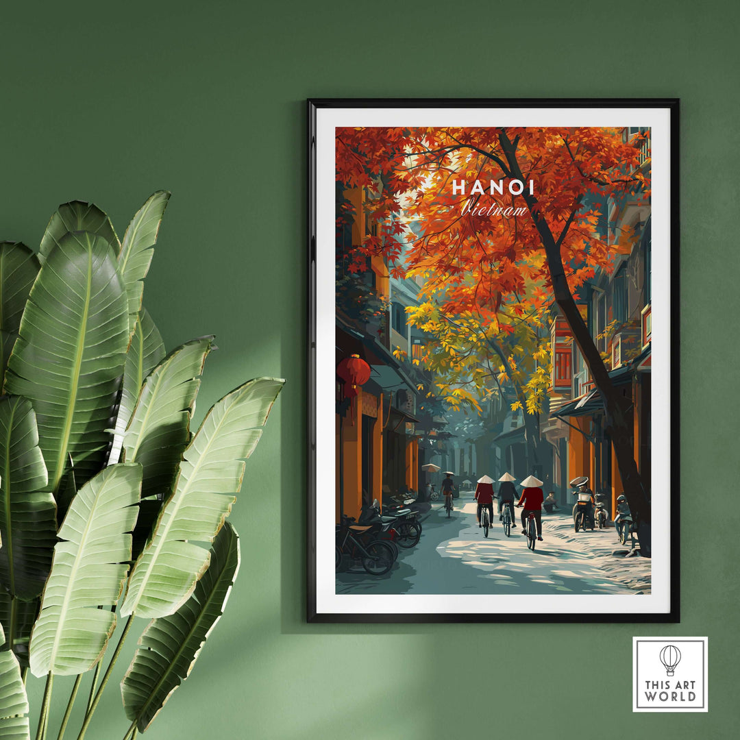 Hanoi poster featuring vibrant autumn colors and city life, perfect for enhancing home décor.