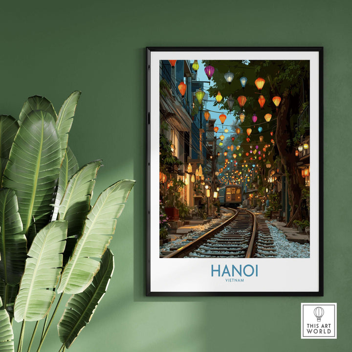 Hanoi Train Street wall art print featuring colorful lanterns and vibrant scenery, perfect for home décor.