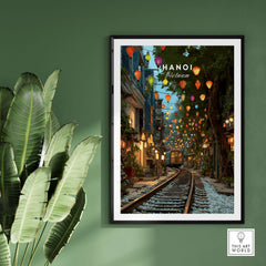 Hanoi Vietnam Train Street Print - Hanoi Poster showcasing vibrant lanterns along the railway in Hanoi.