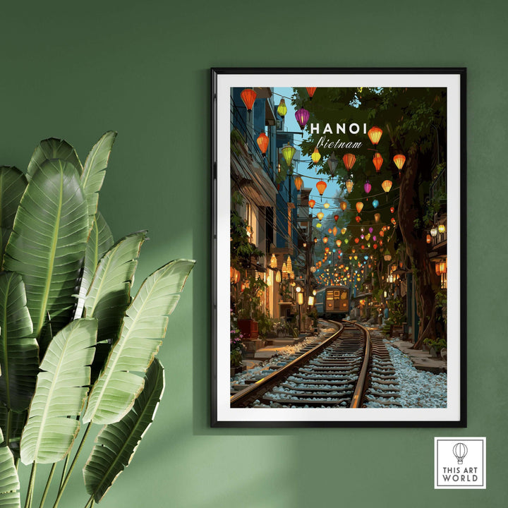 Hanoi Vietnam Train Street print featuring vibrant lanterns and urban life in a charming cityscape poster.