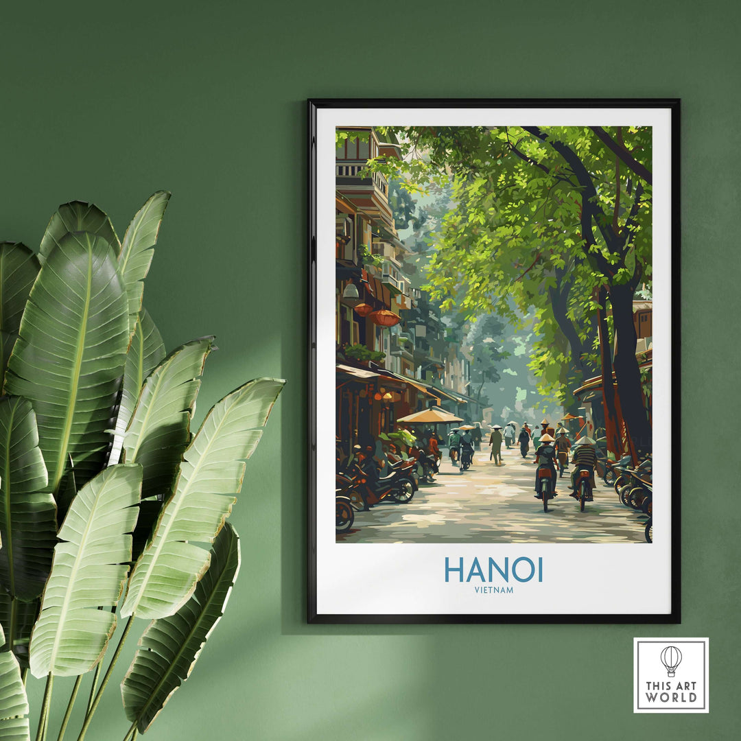 Hanoi Vietnam street wall art poster showcasing vibrant scenes of bustling streets and lush greenery.