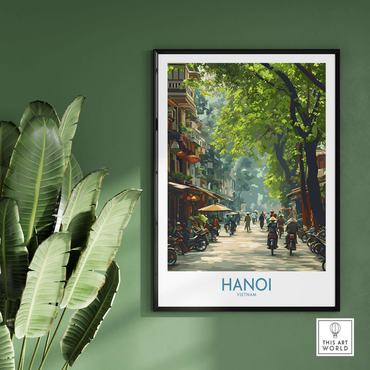 Hanoi Vietnam street wall art poster showcasing vibrant scenes of bustling streets and lush greenery.