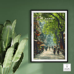 Hanoi Vietnam Poster - City Street Scene Print showcasing vibrant urban life and lush greenery.