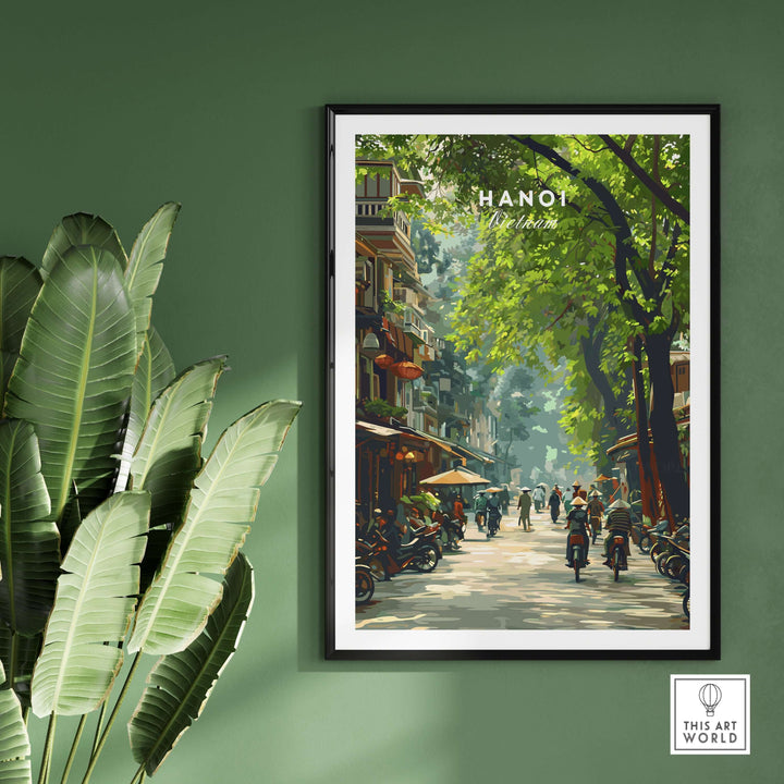 Hanoi Vietnam city street scene poster showcasing a bustling urban atmosphere with lush greenery.