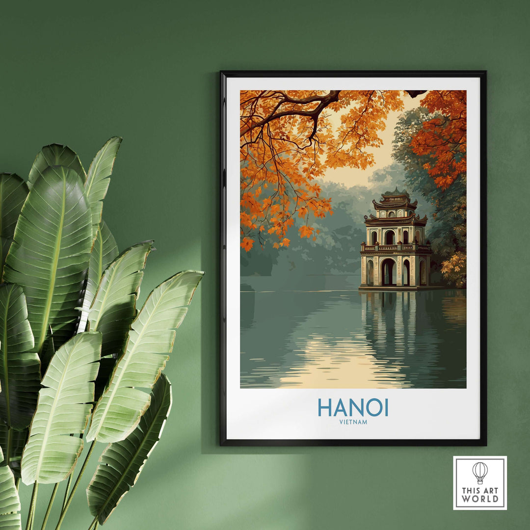 Hanoi Turtle Tower wall art featuring vibrant autumn colors, perfect for home décor enthusiasts.