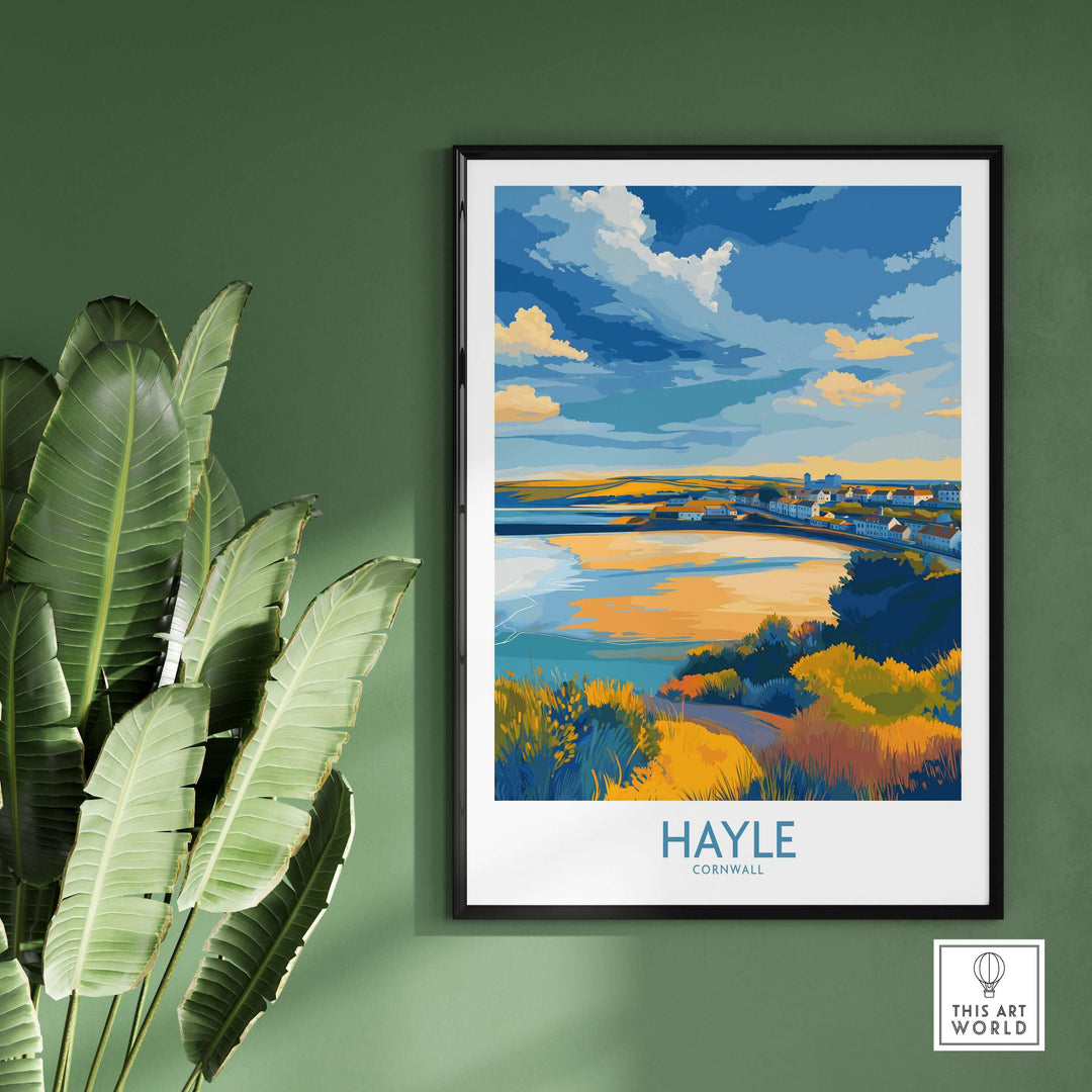 Hayle Estuary Panorama Wall Art travel poster showcasing Cornwall's coastal beauty and serene estuary in vibrant colors.