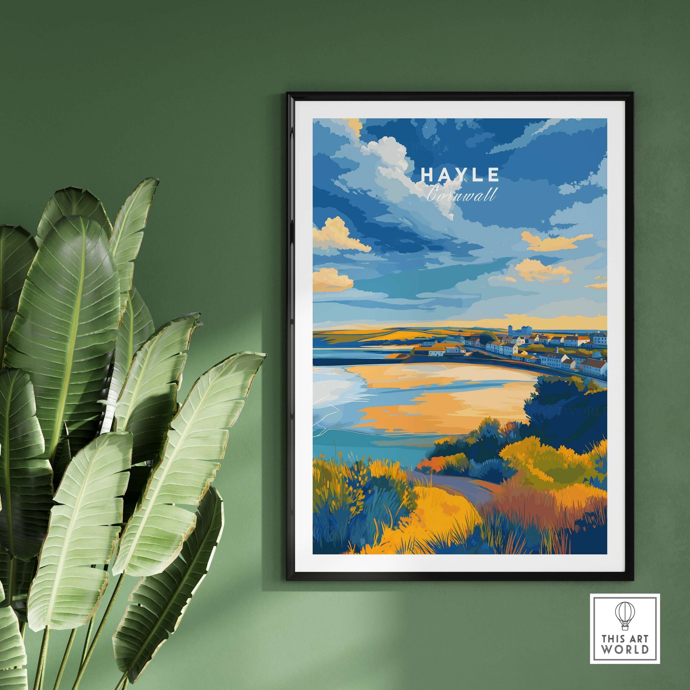 Hayle Cornwall Poster - UK Coastal Landscape Print featuring vibrant coastal scenery on a green wall.