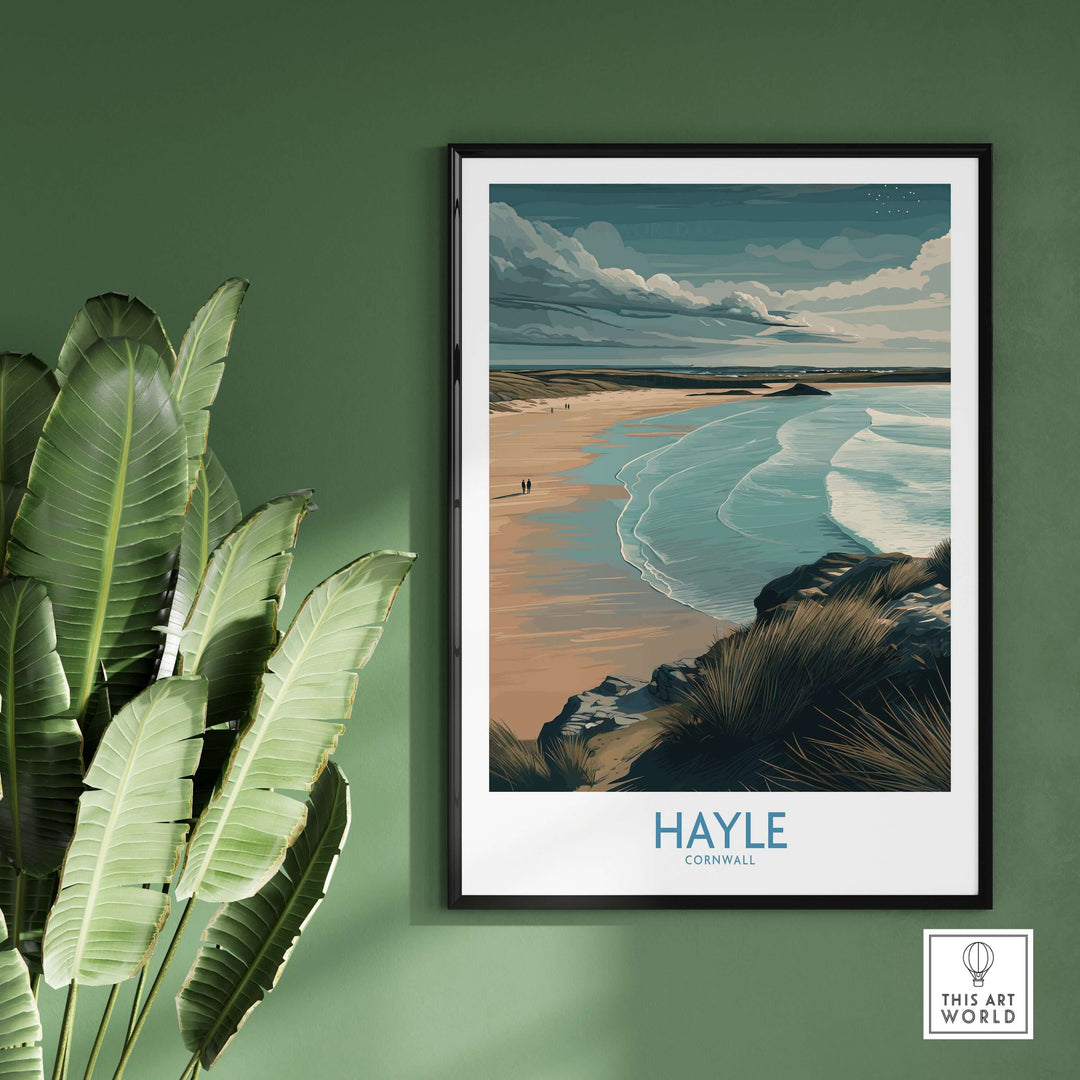 Hayle Sandy Beach poster showcasing tranquil waves and sandy shores, perfect for Cornish travel decor.