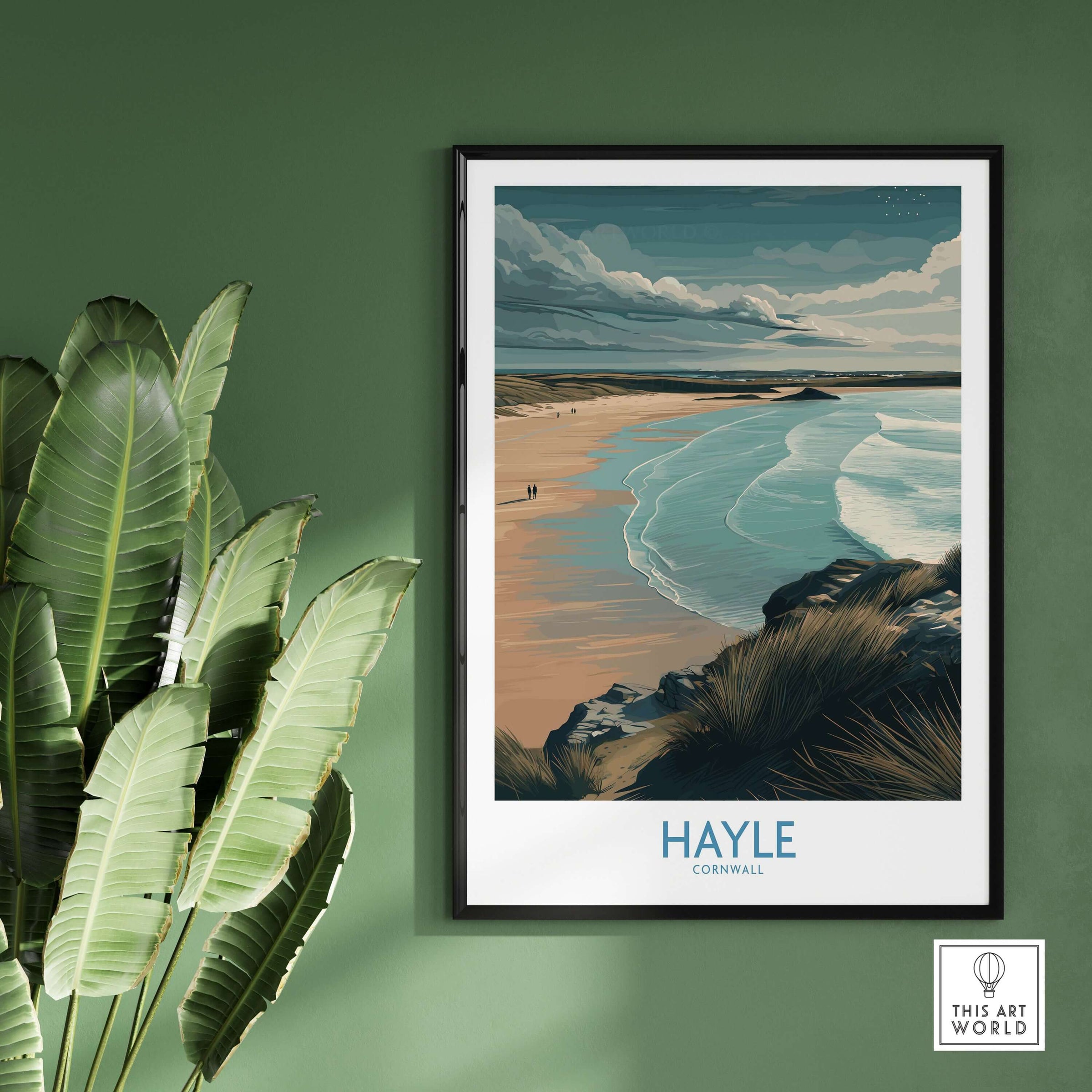 Hayle Sandy Beach Poster - Cornish Travel Decor featuring scenic beach view and coastal landscape.