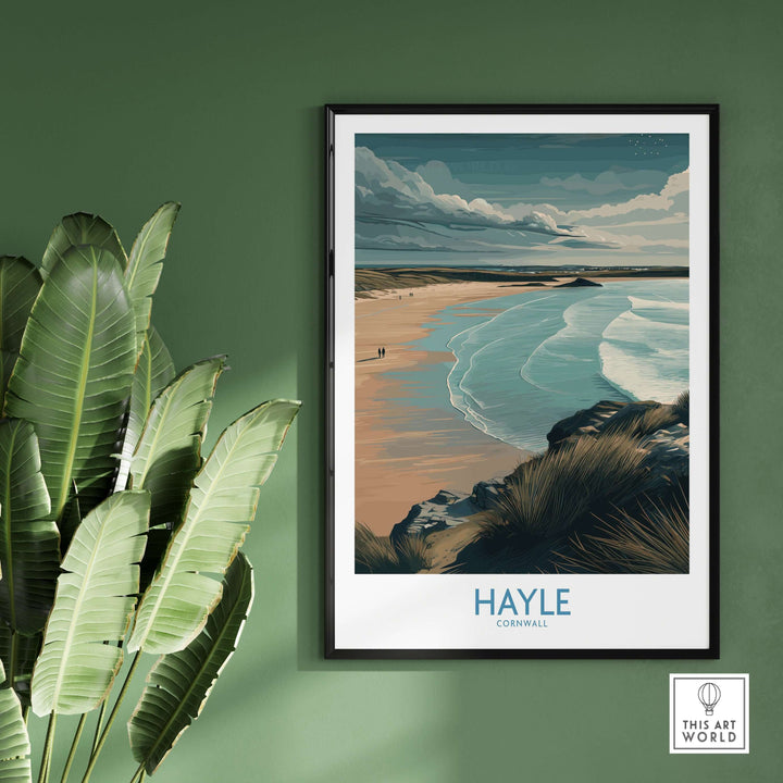 Hayle Sandy Beach poster showcasing tranquil waves and sandy shores, perfect for Cornish travel decor.
