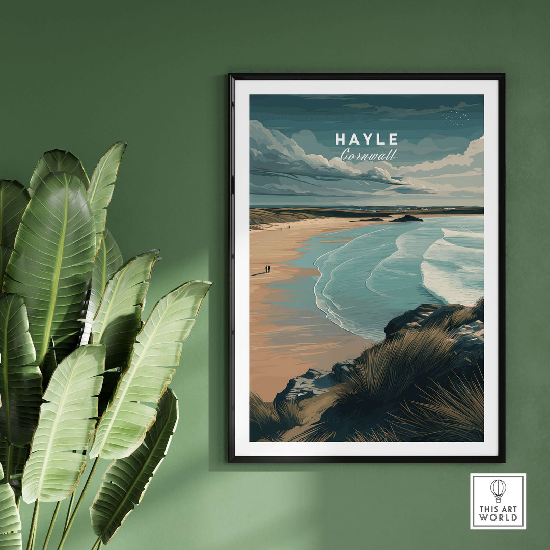 Hayle Cornwall Coastal Beach print featuring serene ocean views and dramatic cliffs, perfect wall art for coastal decor.