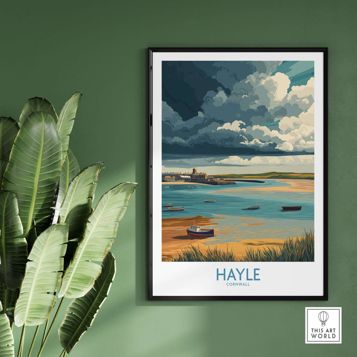 Hayle Cornwall stormy sky seascape poster featuring boats and dramatic clouds, ideal for coastal decor.
