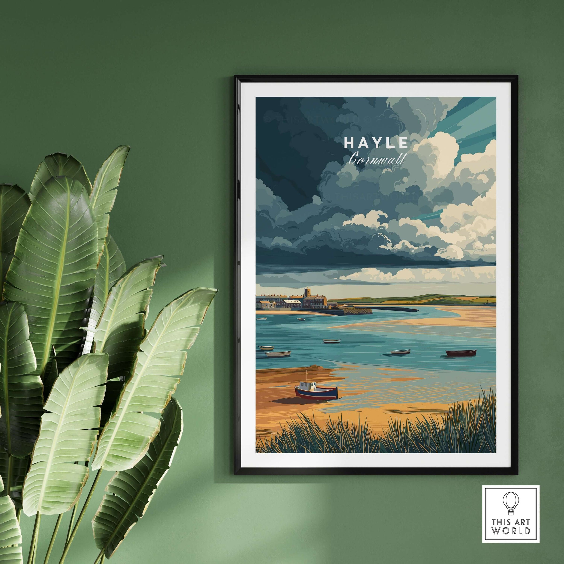 Hayle Boats in the Bay Print - Coastal Cornwall Wall Art showcasing boats in a tranquil bay on a green wall.