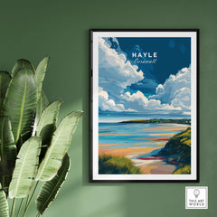 Hayle Ocean View Print - Cornwall Travel Poster featuring a vibrant coastal scene with clouds.