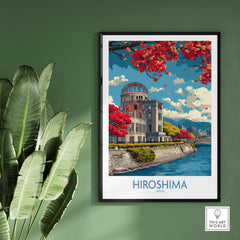 Hiroshima Japan Genbaku Dome Poster - Historic Landmark Decor showcasing the iconic building by the river with vibrant colors.