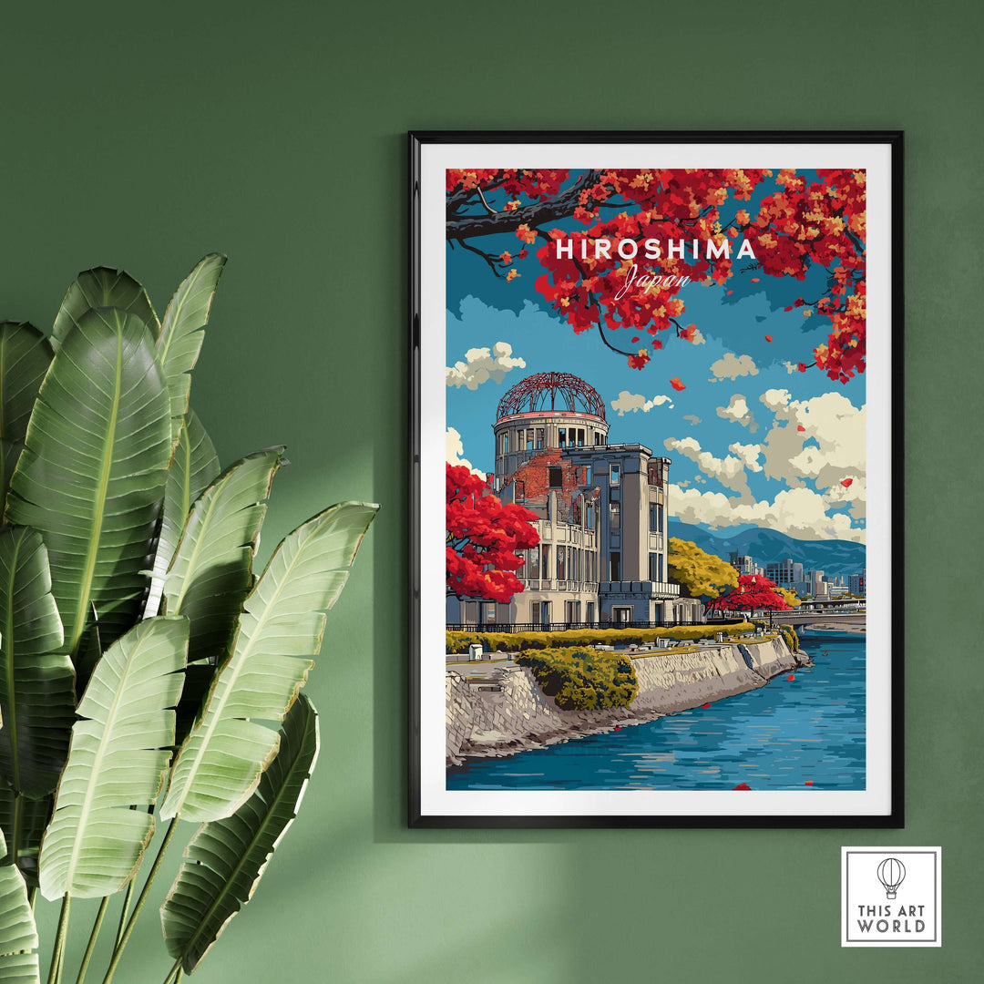Hiroshima Japan print wall art featuring iconic architecture and vibrant blossoms, enhancing home décor with cultural significance.
