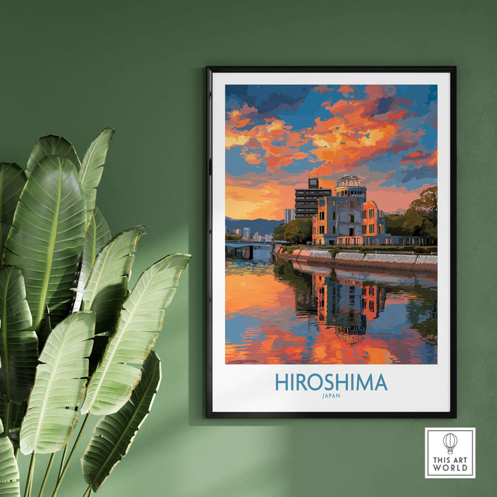 Hiroshima Japan sunset cityscape print with vibrant colors and reflections on water, framed decor for meaningful home art.