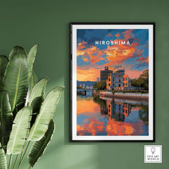 Hiroshima Japan Sunset Poster - Vibrant Sky Wall Art showcasing vibrant colors and reflections on water.