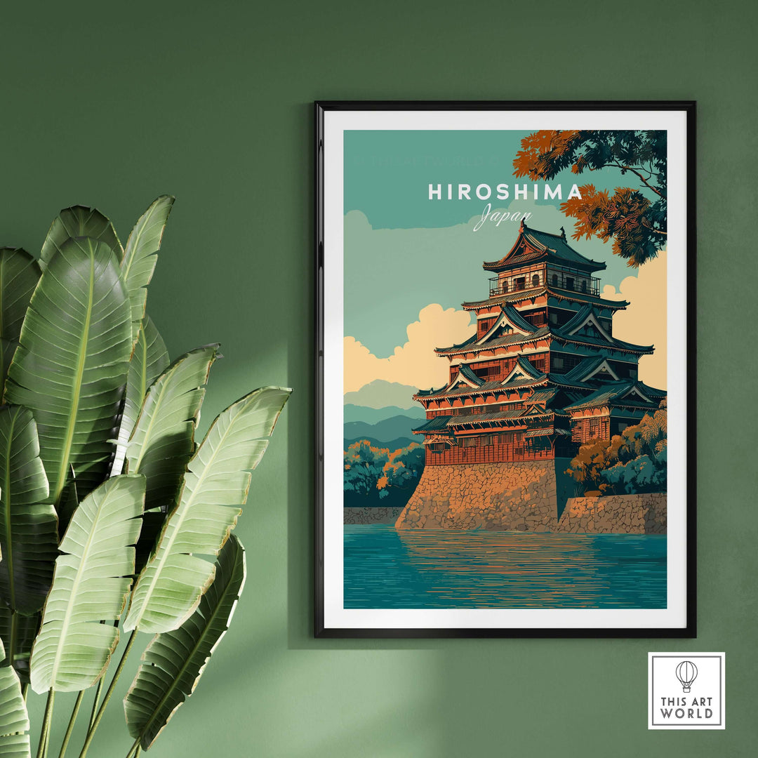 Hiroshima Japan historic architecture poster showcasing traditional Japanese castle against a vibrant backdrop.