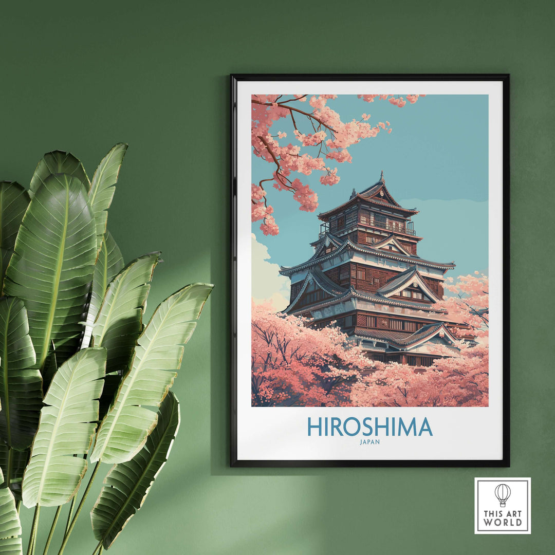 Hiroshima wall art print featuring cherry blossoms and traditional architecture, perfect for home décor.