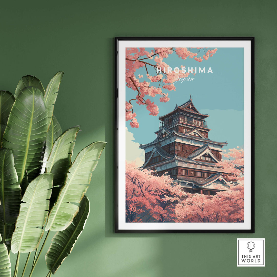 Hiroshima poster featuring cherry blossoms and a traditional Japanese landmark, perfect for spring decor.