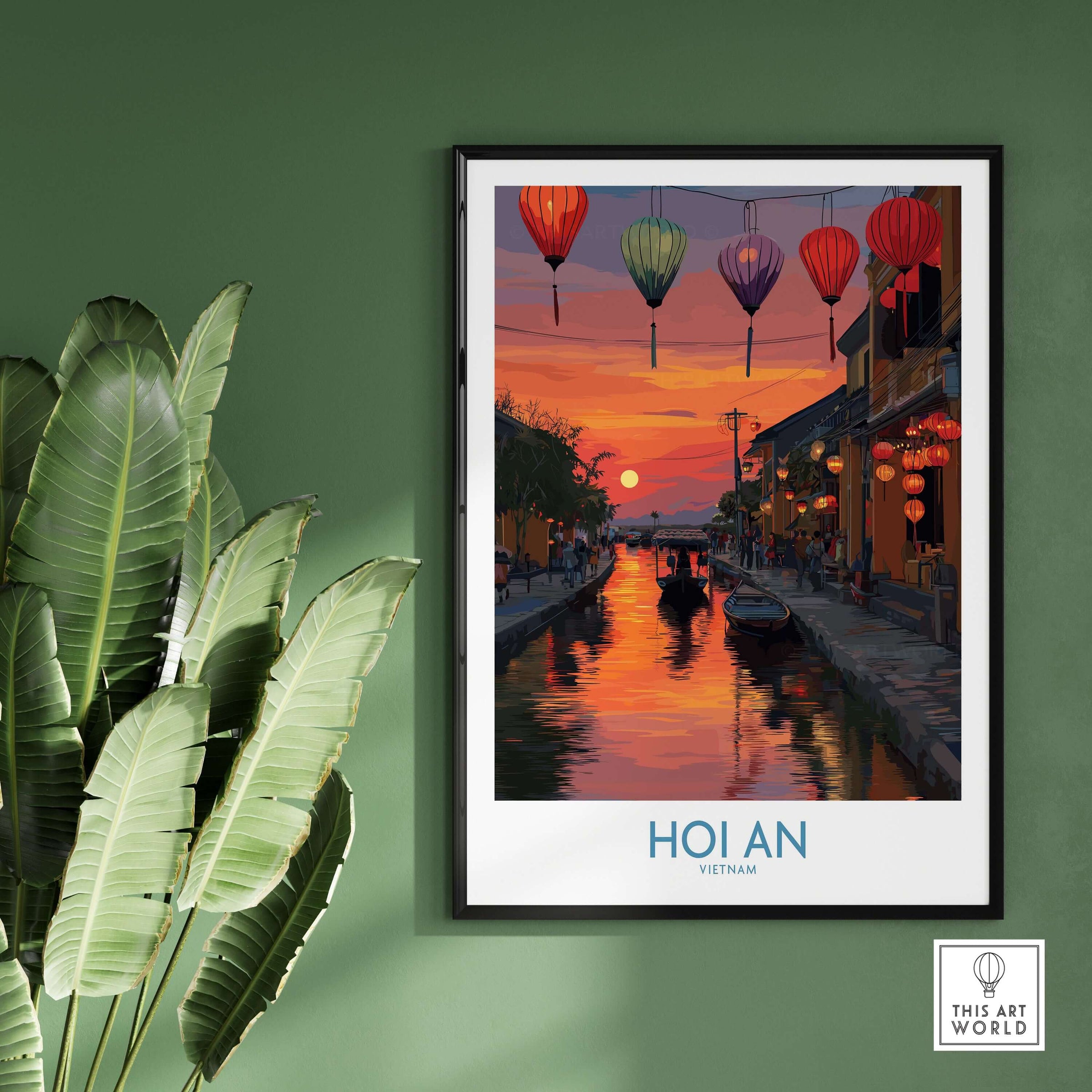 Hoi An Wall Art Vietnam - River Boats Poster showcasing a serene riverside scene with colorful lanterns and sunset sky.