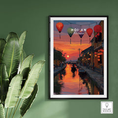 Hoi An Poster Vietnam Lantern Festival Sunset Print - Old Town Wall Art hanging on a green wall.