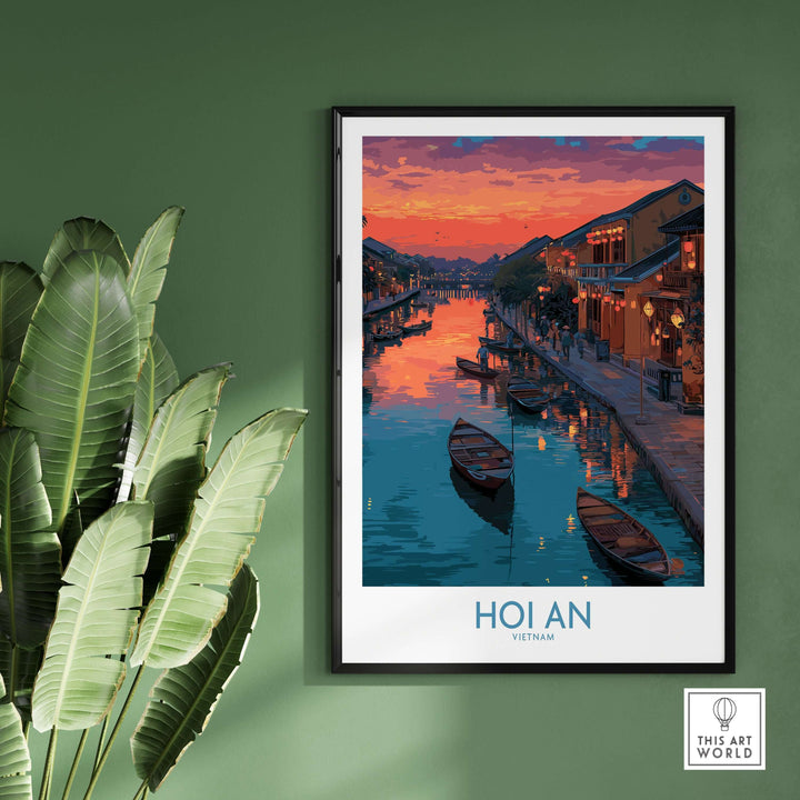 Hoi An Print Vietnam colorful lantern poster showcasing a sunset over the river with traditional boats and vibrant lanterns.