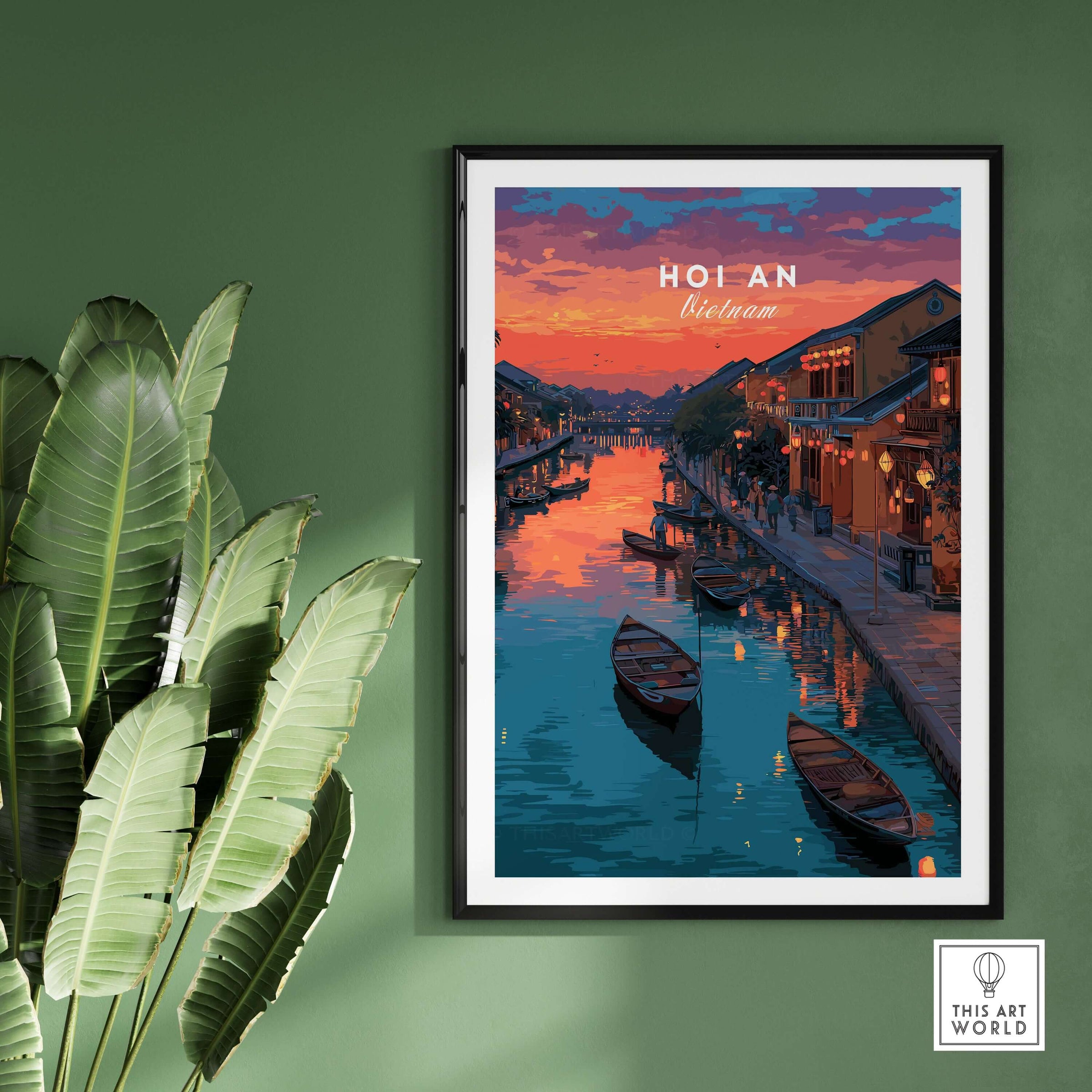 Hoi An Vietnam Poster - Ancient Town Wall Art featuring a vibrant sunset over Hoi An's river and traditional boats.