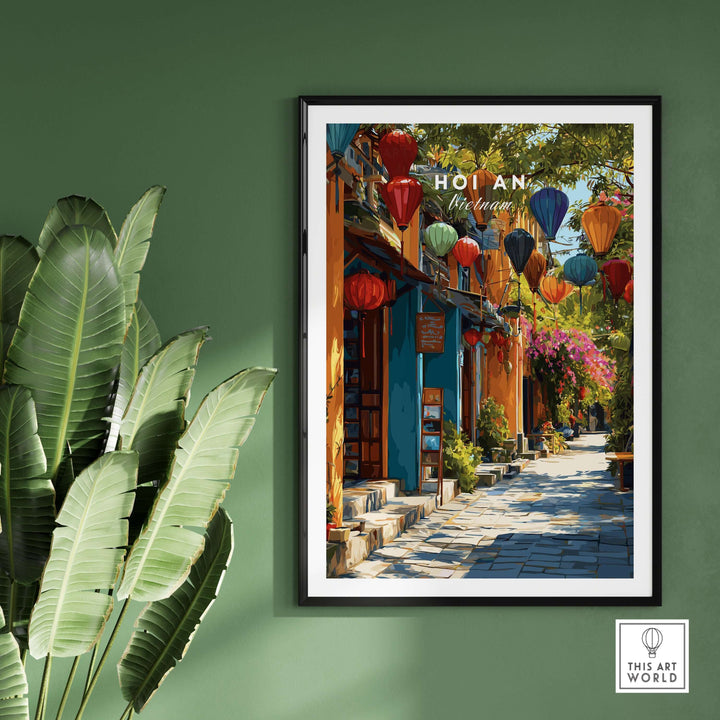 Vibrant Hoi An Vietnam poster showcasing Lantern Alley in the UNESCO Old Quarter, framed on a green wall.