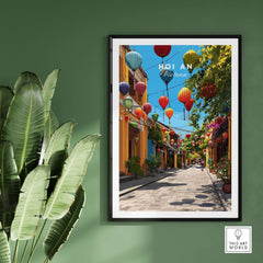 Hoi An Vietnam Colorful Lantern Street Poster - Ancient Town Hallway Print hanging on a green wall with vibrant lanterns.