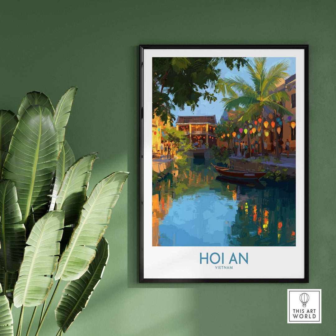 Hoi An Vietnam wall art depicting a tranquil evening river scene with lanterns and lush greenery.