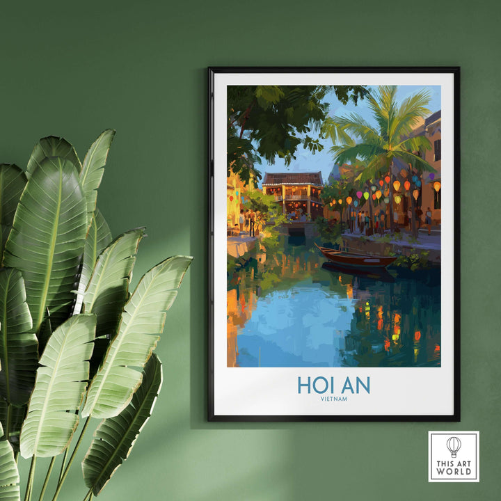 Hoi An Vietnam wall art depicting a tranquil evening river scene with lanterns and lush greenery.