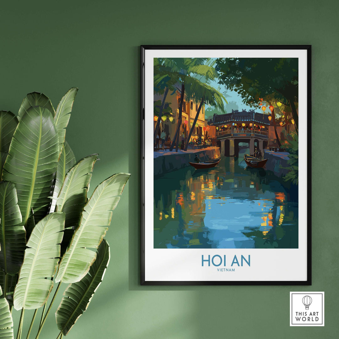 Hoi An river scene wall art featuring vibrant colors and traditional boats, ideal for Vietnamese heritage decor.