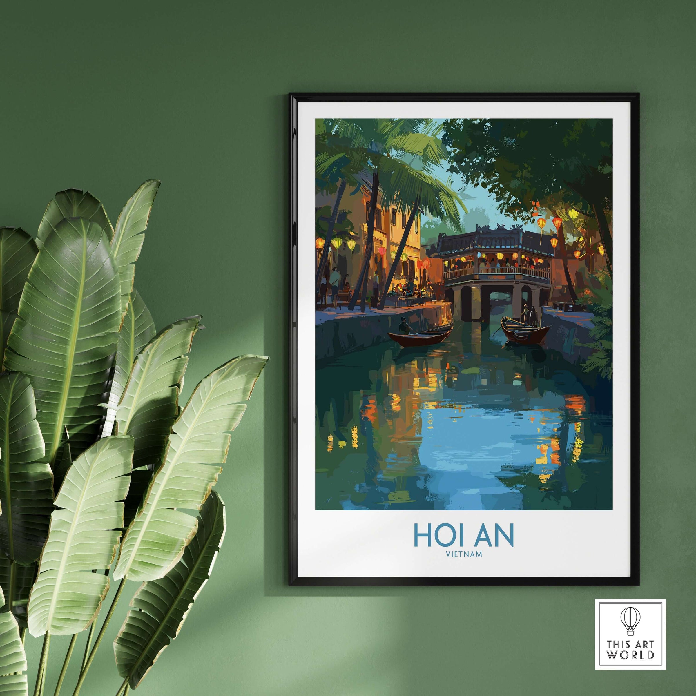 Hoi An Vietnam River Scene Wall Art - Vietnamese Heritage Decor showcasing a tranquil river setting with traditional boats.