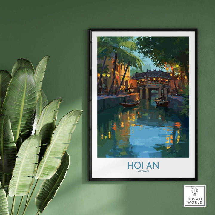 Hoi An river scene wall art featuring vibrant colors and traditional boats, ideal for Vietnamese heritage decor.