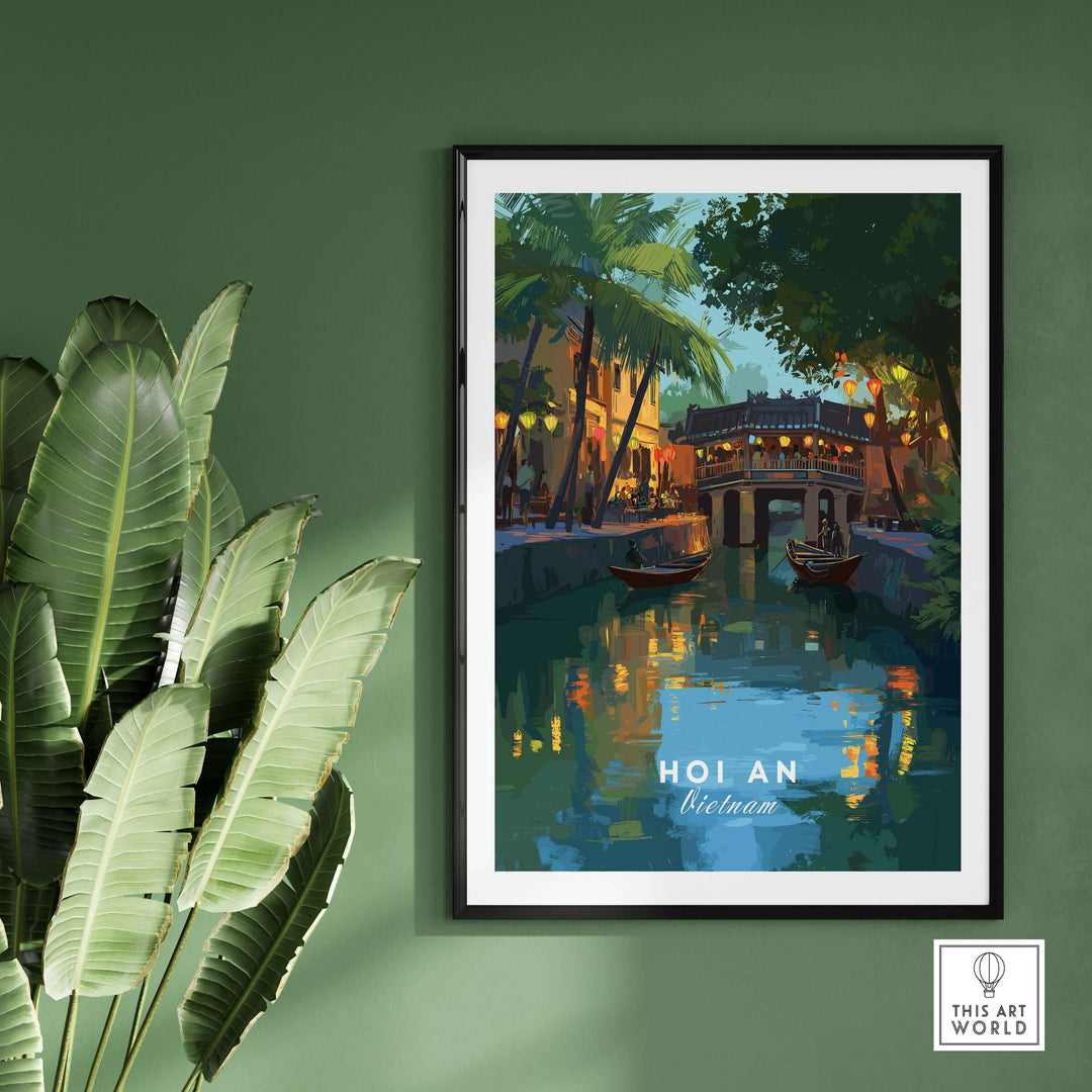 Hoi An Vietnam poster showcasing iconic landmark, calm waters, vibrant colors, and cultural charm.