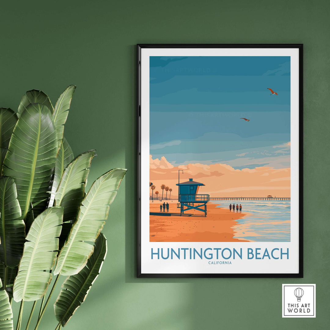 Huntington Beach Surfing poster featuring lifeguard tower and beach scene, vibrant California travel decor