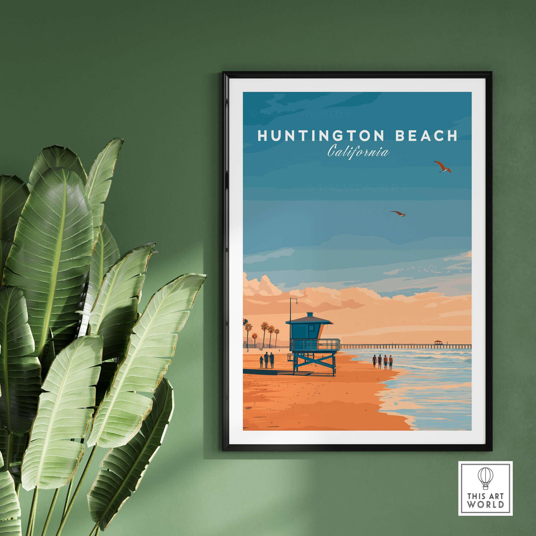 Huntington Beach Lifeguard Tower print showcasing a vibrant California sunset and beach life decor.