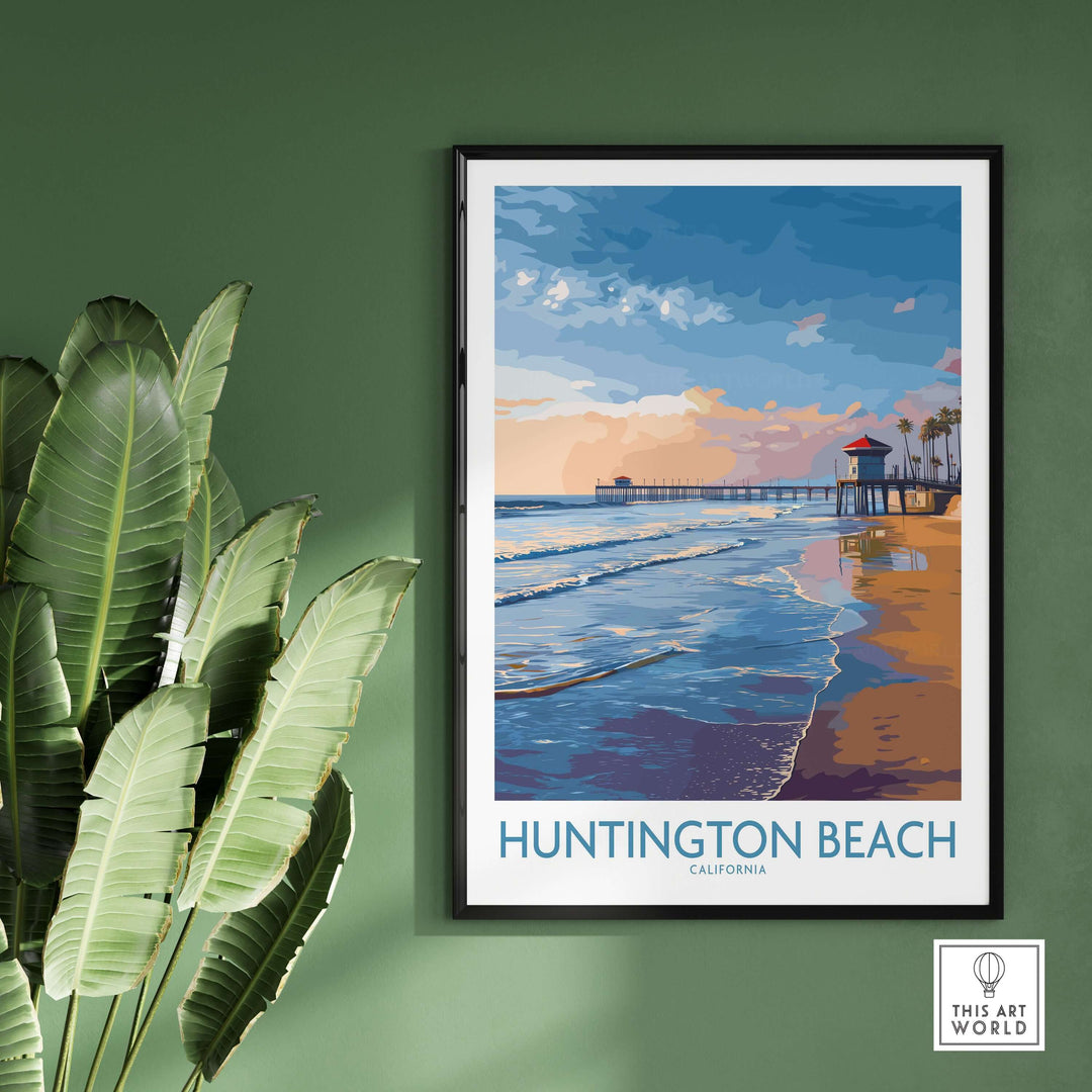 Huntington City Beach poster showing ocean waves and pier, vibrant wall art celebrating California's surf culture.
