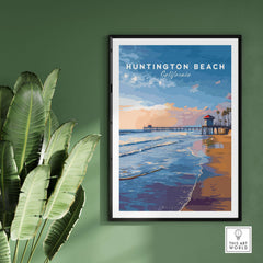 Huntington Beach Pier at Sunset Poster - Coastal California Wall Art, showcasing colorful beach scene and iconic pier.