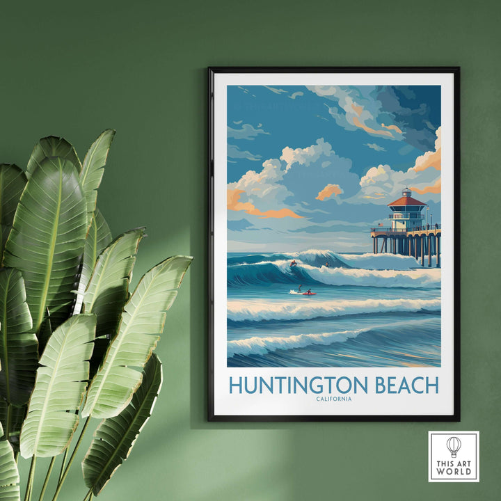 Huntington Beach California surfing poster featuring vibrant waves and pier, perfect for coastal decor enthusiasts.