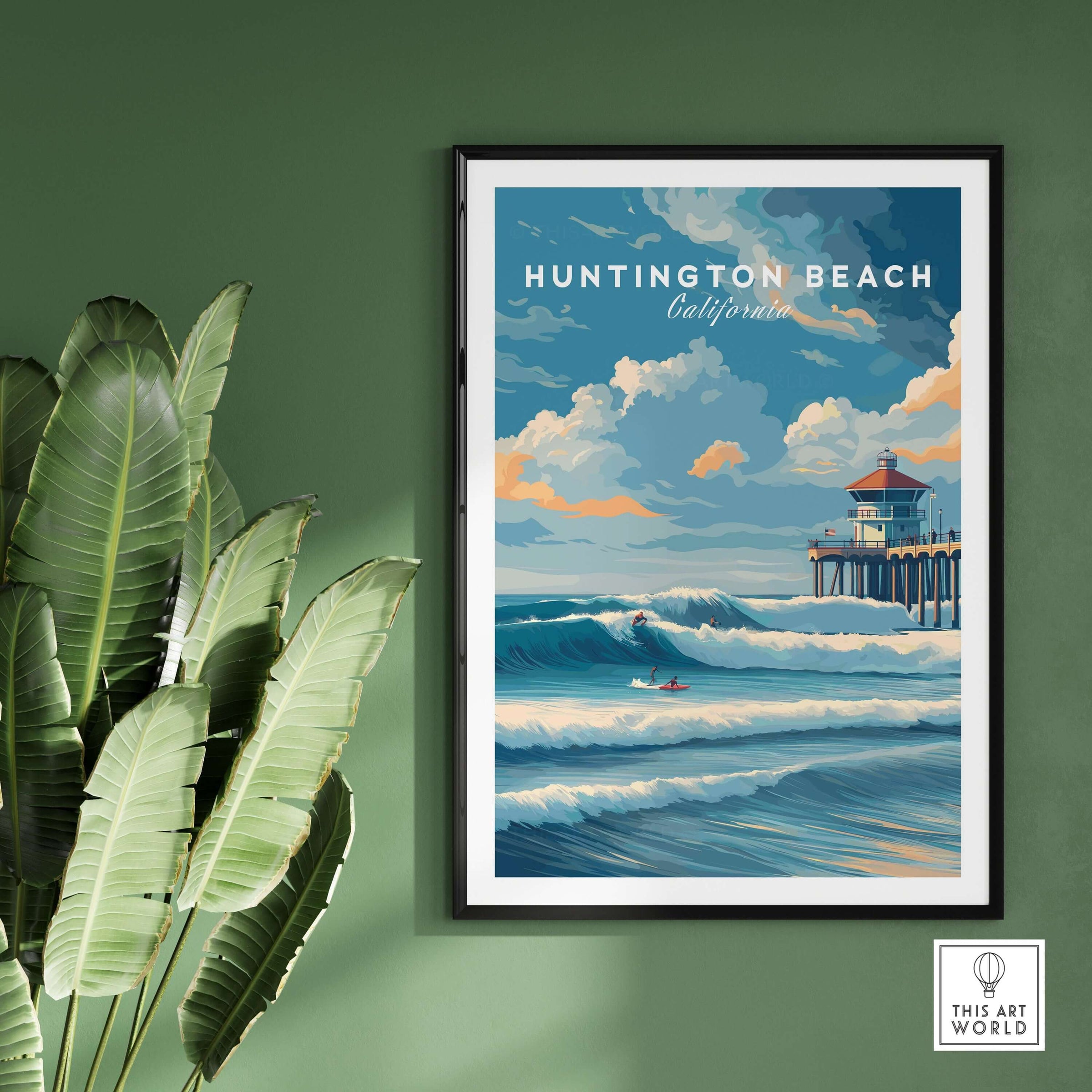 Huntington Beach Surfers Catching Waves Print - California Surfing Wall Art displayed in a stylish setting.