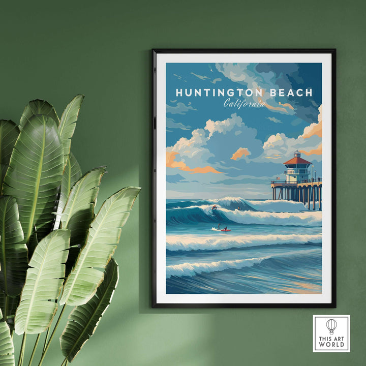 Huntington Beach surfers catching waves print, vibrant California surfing wall art, perfect for surf enthusiasts.